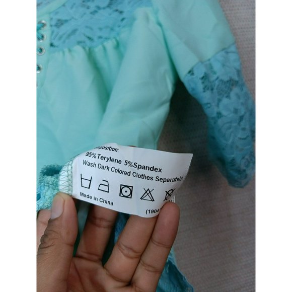 Cute work Turquoise Blue Summer Lace V neck Polyester Blouse size Large - Picture 6 of 9